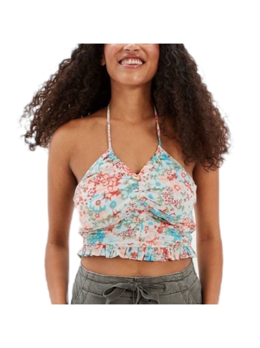 NWT American Eagle blue coral floral ruched cropped halter top M